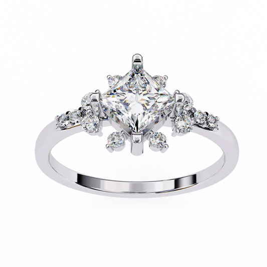 Front View 0.95 Ct Princess Lab Diamonds Ring White Gold With Accent Sides