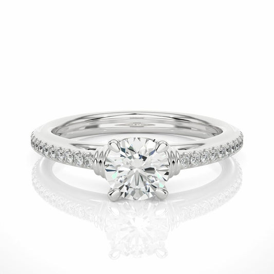 1.30 Ct Round Shaped Prong Setting Moissanite Ring With Accents In White Gold