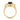 Side view of yellow gold three-stone ring with a black round-cut center stone flanked by two brilliant white diamonds
