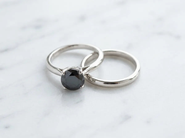 Black diamond engagement ring and band pairing