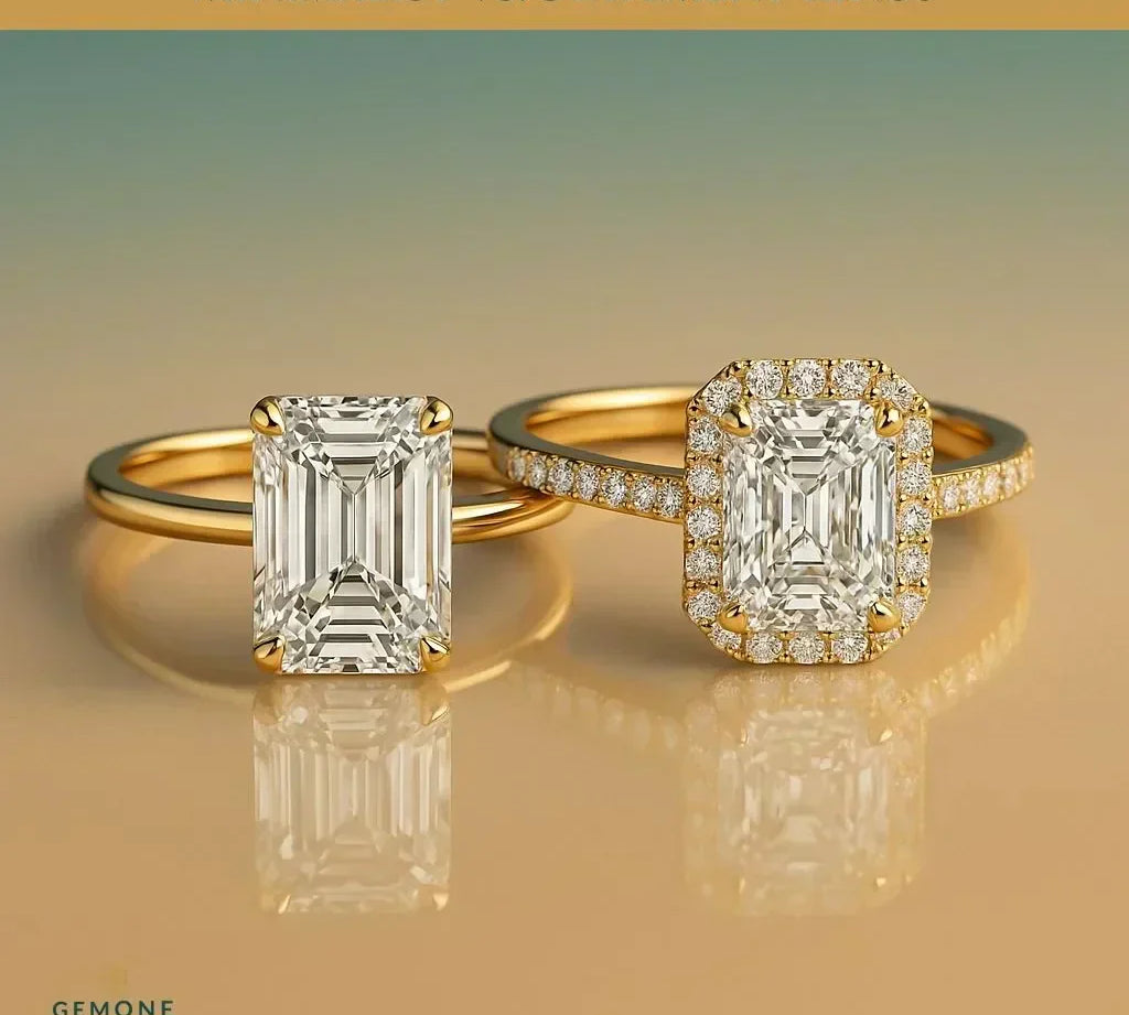 Minimalist vs. Statement Rings: Gold solitaire emerald cut ring next to an emerald cut diamond ring with diamond halo and pave band. Engagement ring styles.