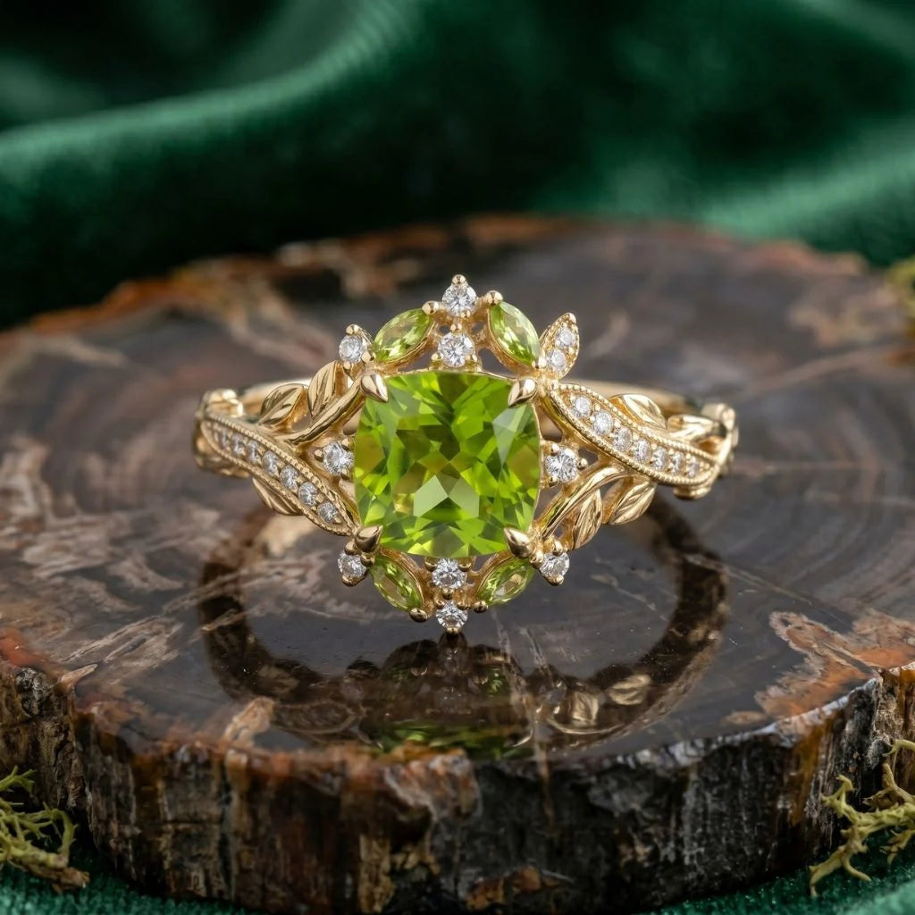 Spring-Inspired Peridot Stud Earrings And Peridot Rings With Diamonds For Pastel Outfits