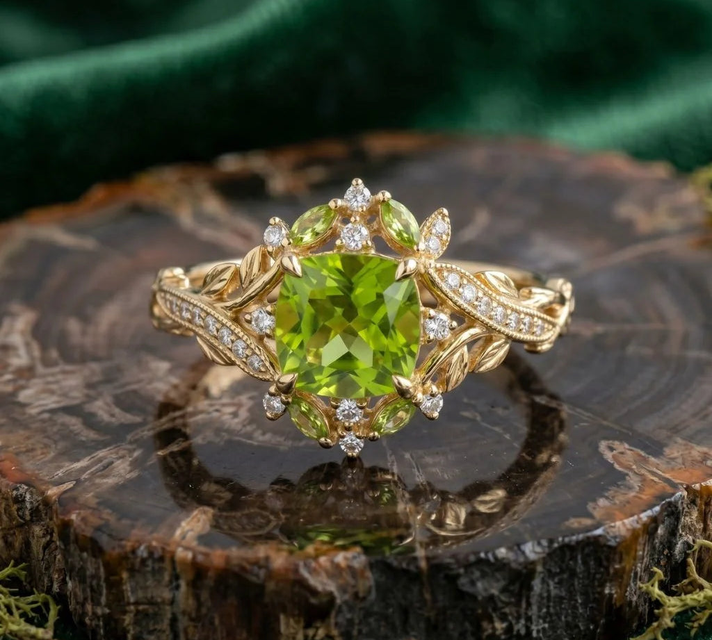 Spring-Inspired Peridot Stud Earrings And Peridot Rings With Diamonds For Pastel Outfits