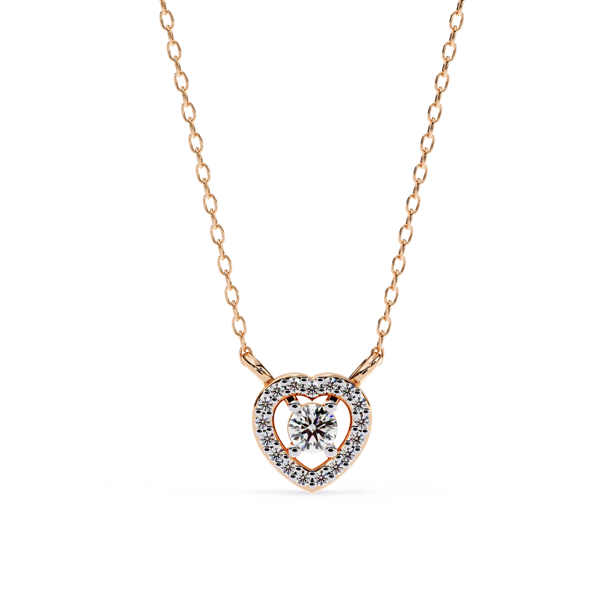 Round Lab Diamond Heart Halo Necklace In Yellow Gold 18K Rose Gold Natural Diamond