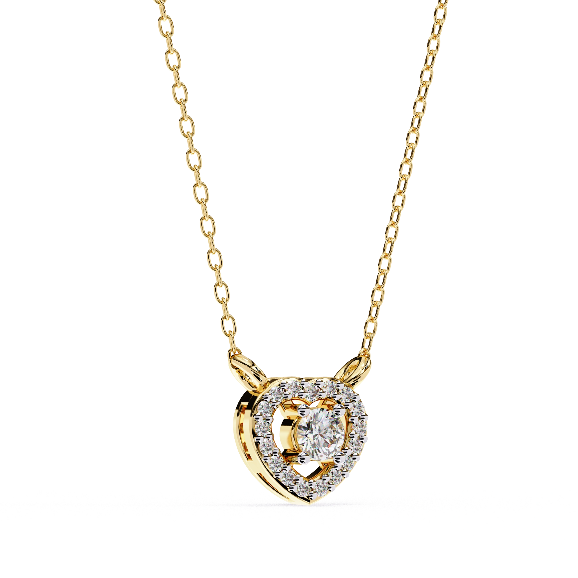 Round Lab Diamond Heart Halo Necklace In Yellow Gold