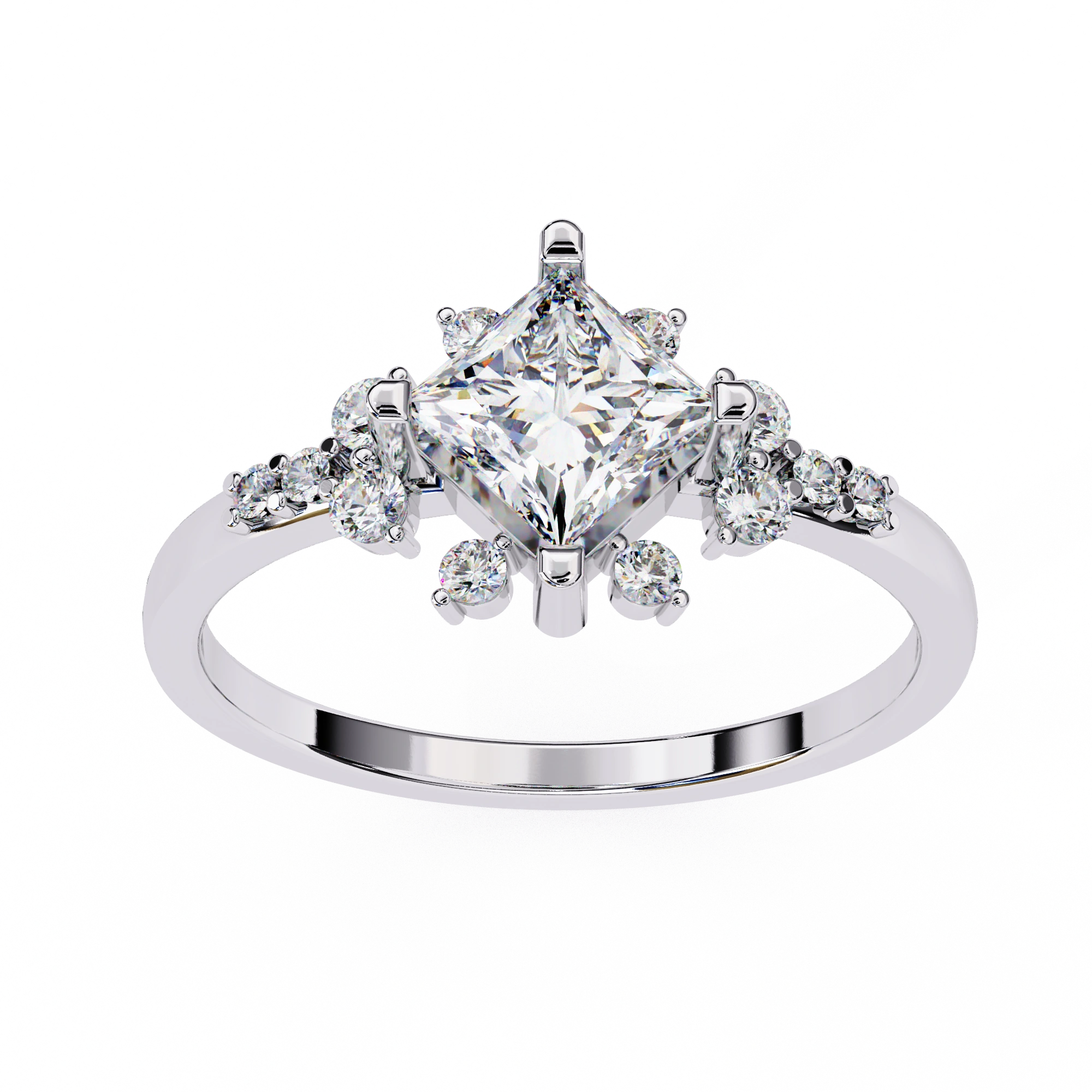 Front View 0.95 Ct Princess Lab Diamonds Ring White Gold With Accent Sides