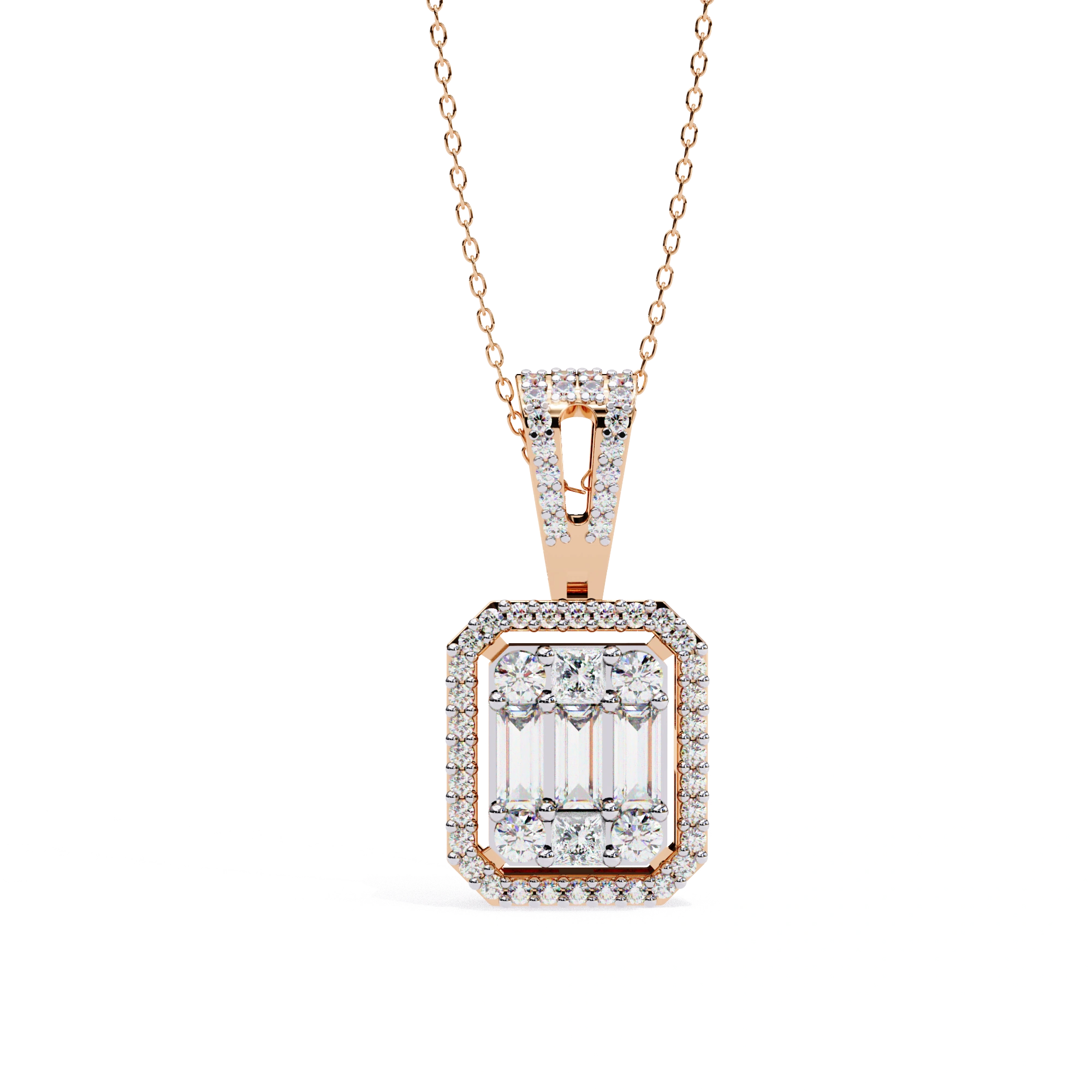 0.96 Ct Lab Diamond Emerald Shape Cluster Pendant 18K Rose Gold Natural Diamond