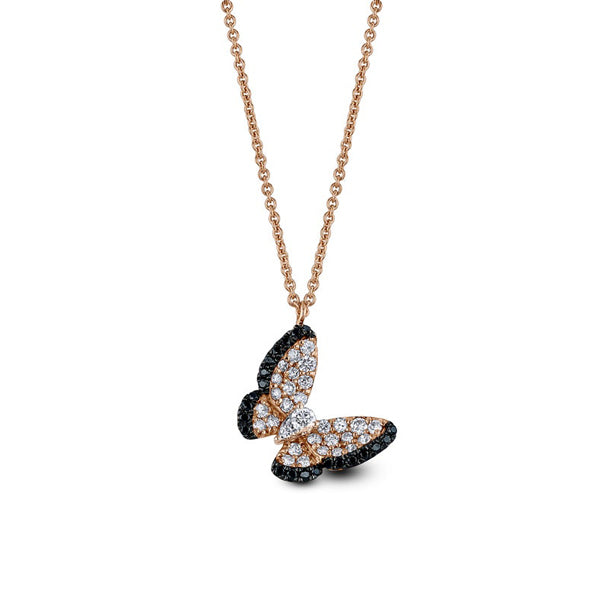 1.43 Ct Round Cut Diamond Black & White Diamond Butterfly Pendant 18K Rose Gold