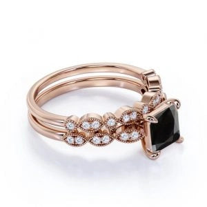 1.45 Carat Princess Cut Bridal Set Black And White Diamond Ring Black Diamond Wedding Rings