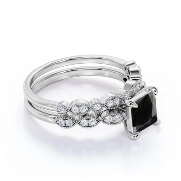 1.45 Carat Princess Cut Bridal Set Black And White Diamond Ring Black Diamond Wedding Rings