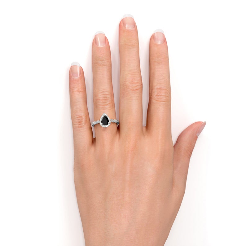 2.30 Ct Pear And Round Cut Black Diamond Halo Ring Black Diamond Engagement Ring