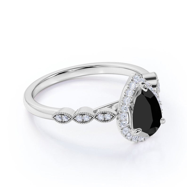 2.30 Ct Pear And Round Cut Black Diamond Halo Ring Black Diamond Engagement Ring