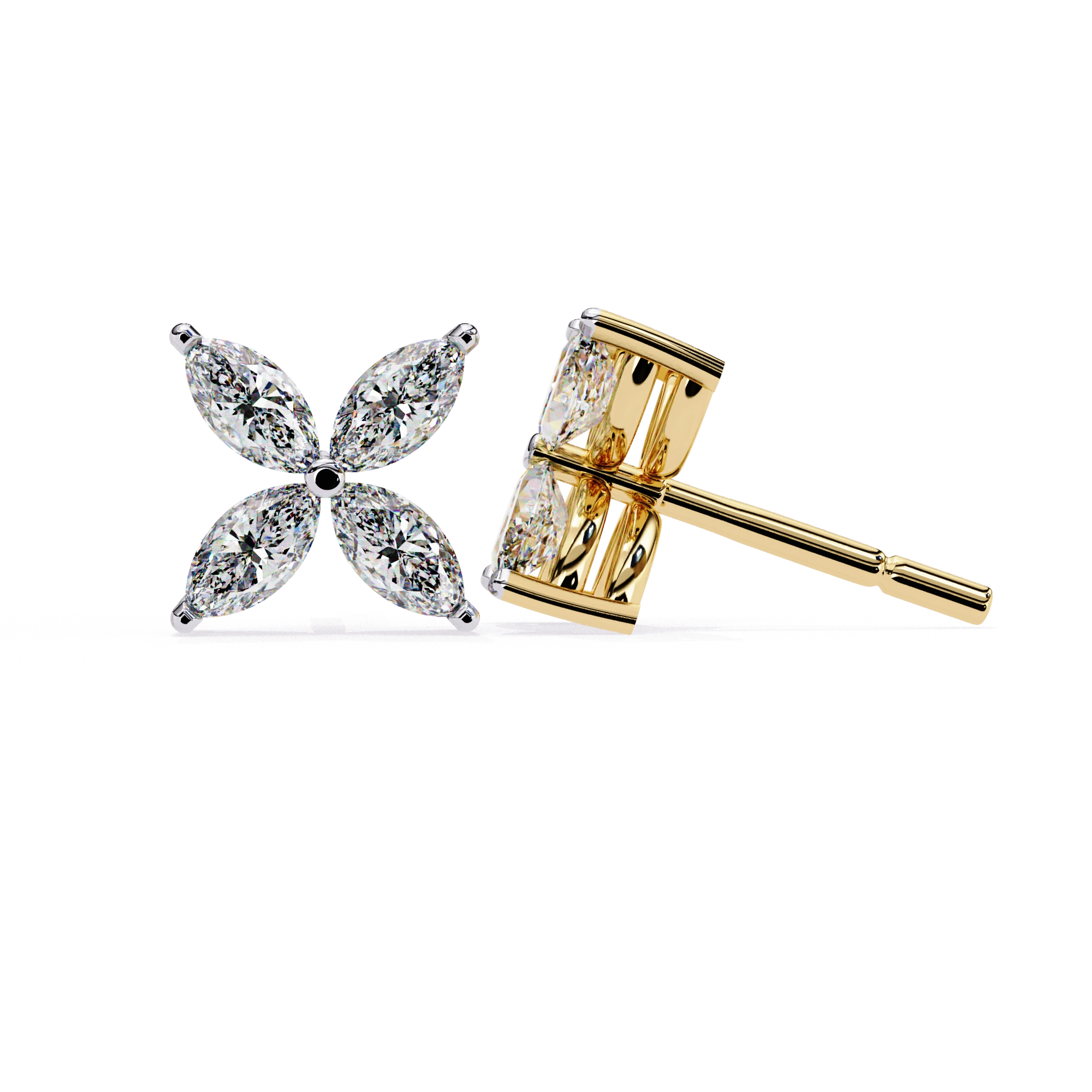 1.12 Carat Diamond Earrings Studs Floral Marquise Cluster Design 10K Yellow Gold