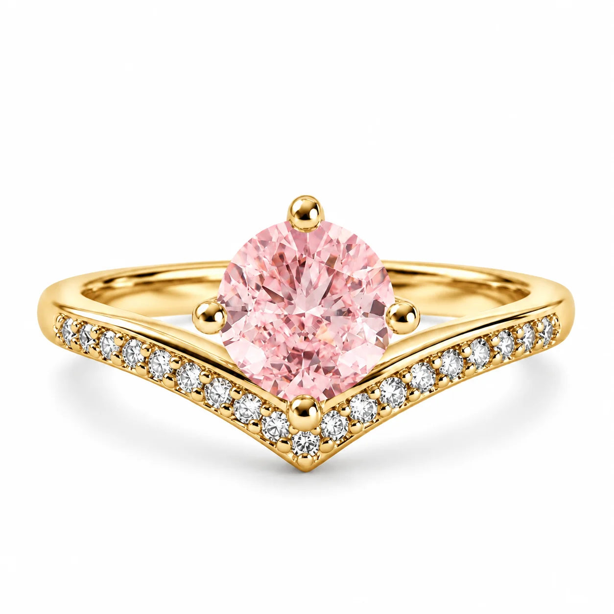 1.21 Carat Fancy Pink Round Cut Diamond Curve Ring 18K Yellow Gold