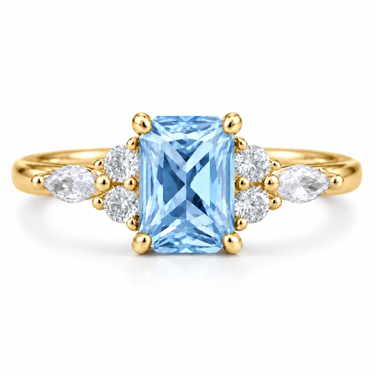 Front view of 1.34 Carat Radiant Cut Diamond Ring with Marquise and Round Diamonds