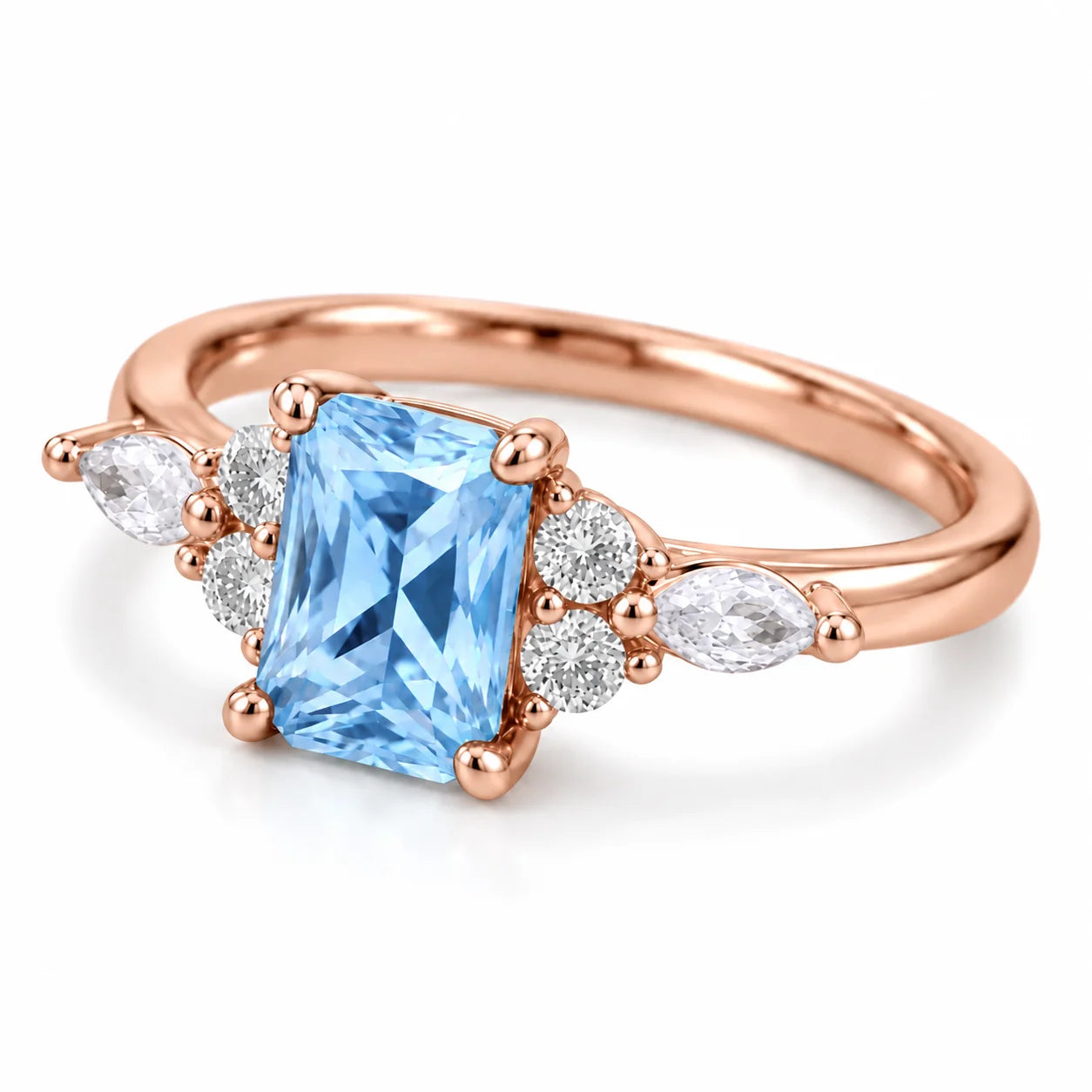 Angled View Of 1.34 Carat Radiant Cut Diamond Ring with Marquise and Round Diamonds
