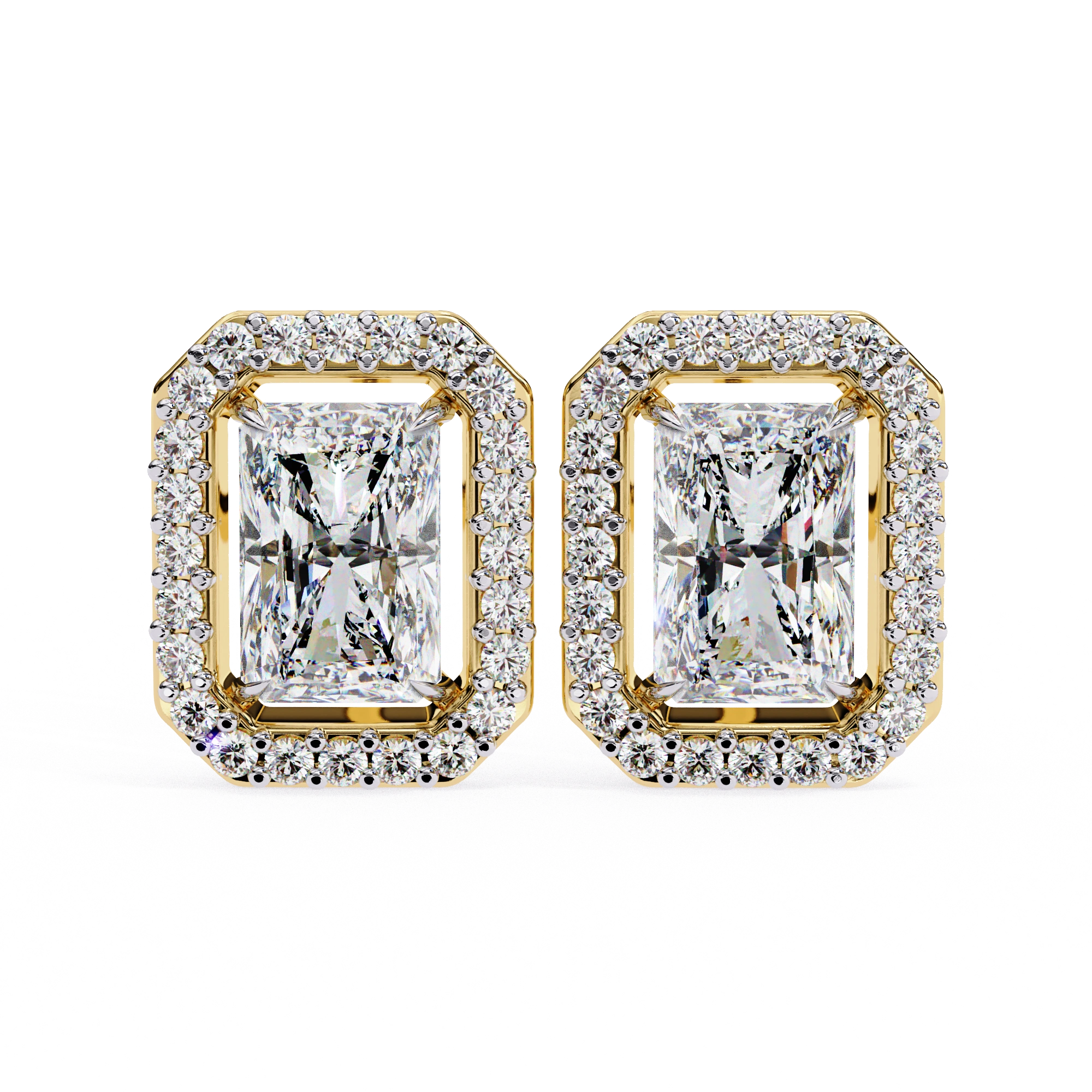 1.36 Carat Radiant Cut Diamond Stud Earrings with Halo Design 18K Yellow Gold Natural Diamond