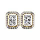 1.36 Carat Emerald Cut Diamond Stud Earrings with Halo Design in Gold for Women