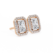 1.36 Carat Emerald Cut Diamond Stud Earrings with Halo Design in Gold for Women