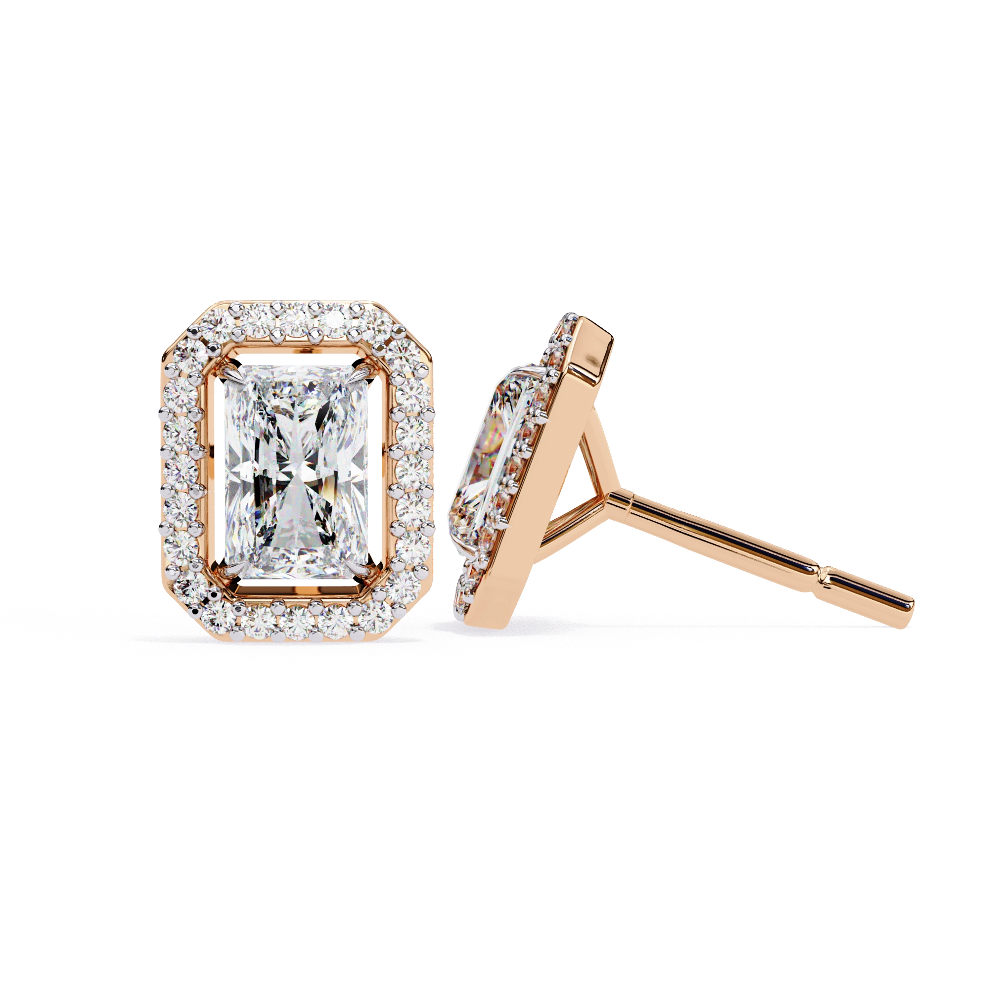 1.36 Carat Emerald Cut Diamond Stud Earrings with Halo Design in Gold for Women