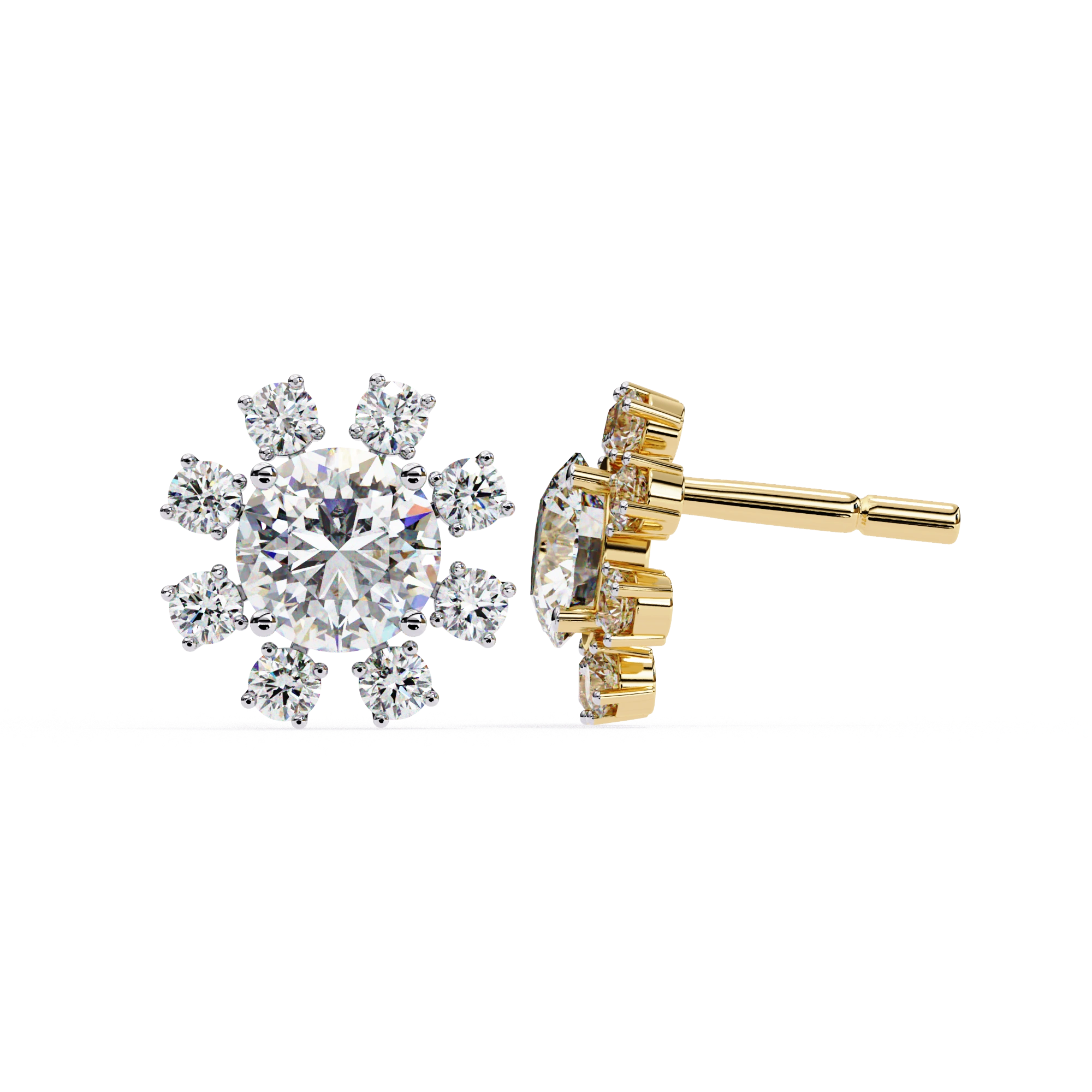 1.40 Carat Floral Cluster Diamond Stud Earrings Women's Round Center Stone 18K Yellow Gold Natural Diamond