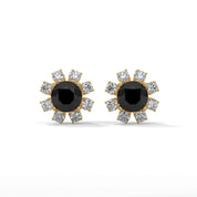 Floral Halo 1.40 Carat Round Cut Black Diamond Earrings Screw Back 18K Yellow Gold