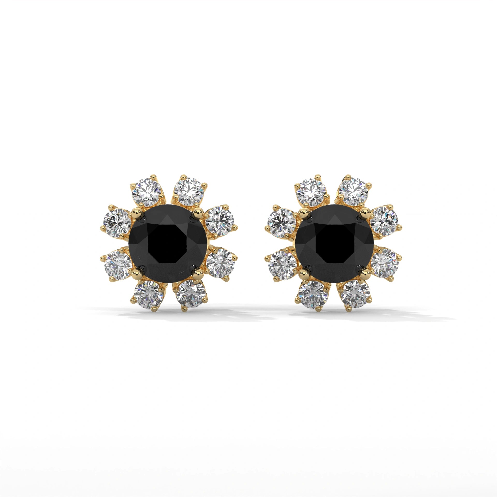 Floral Halo 1.40 Carat Round Cut Black Diamond Earrings Screw Back 18K Yellow Gold