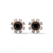 Floral Halo 1.40 Carat Round Cut Black Diamond Earrings Screw Back 18K Rose Gold