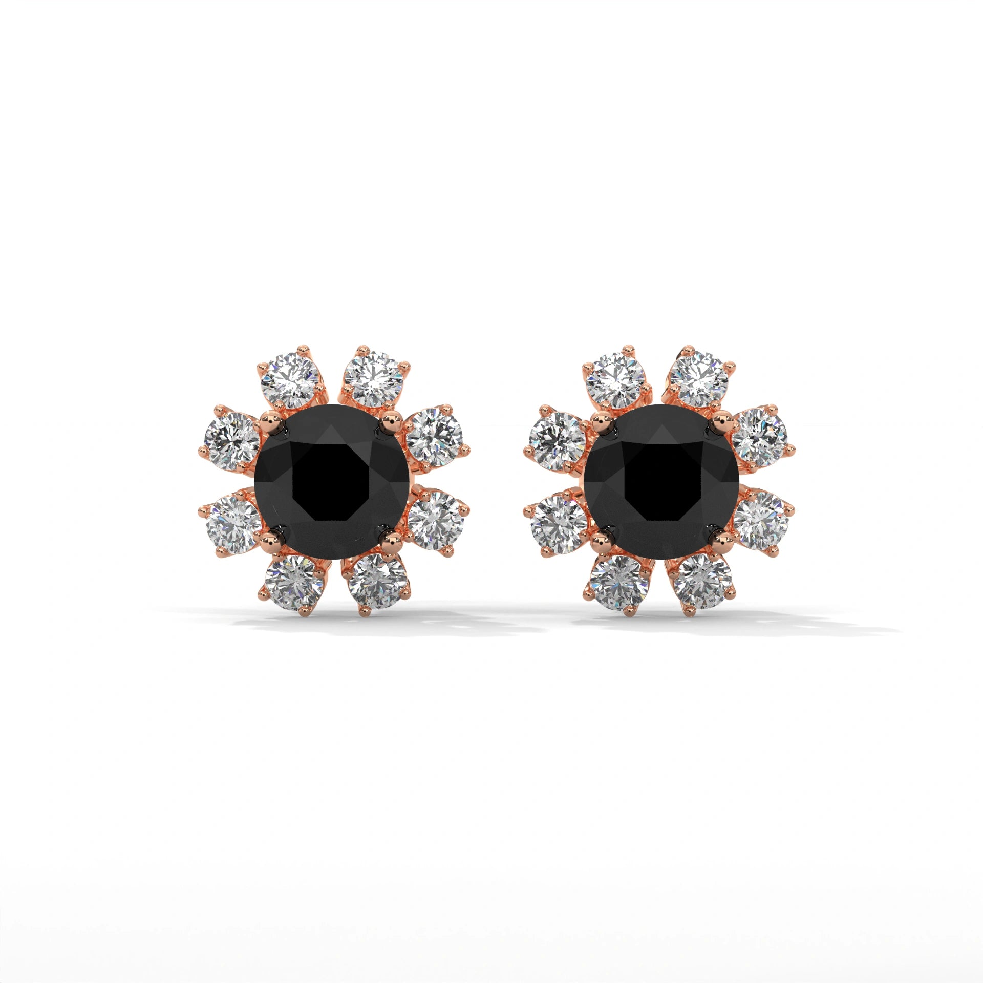 1.40 Carat Black Diamond Floral Halo Stud Earrings Screw Back 18K Rose Gold