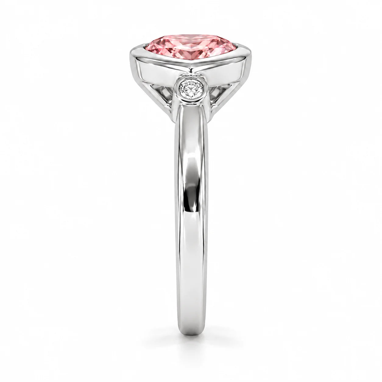 Side View Of 1.72 Carat Fancy Pink Heart Cut 3 Stone Diamond Ring