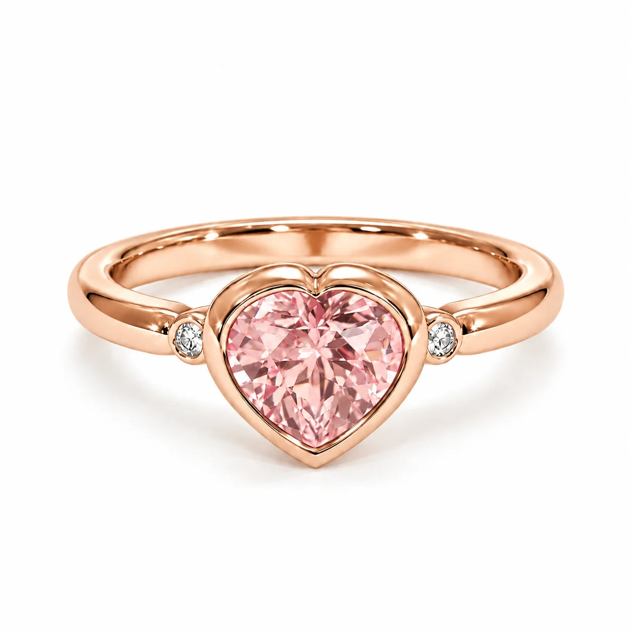 Front View Of 1.72 Carat Fancy Pink Heart Cut 3 Stone Diamond Ring