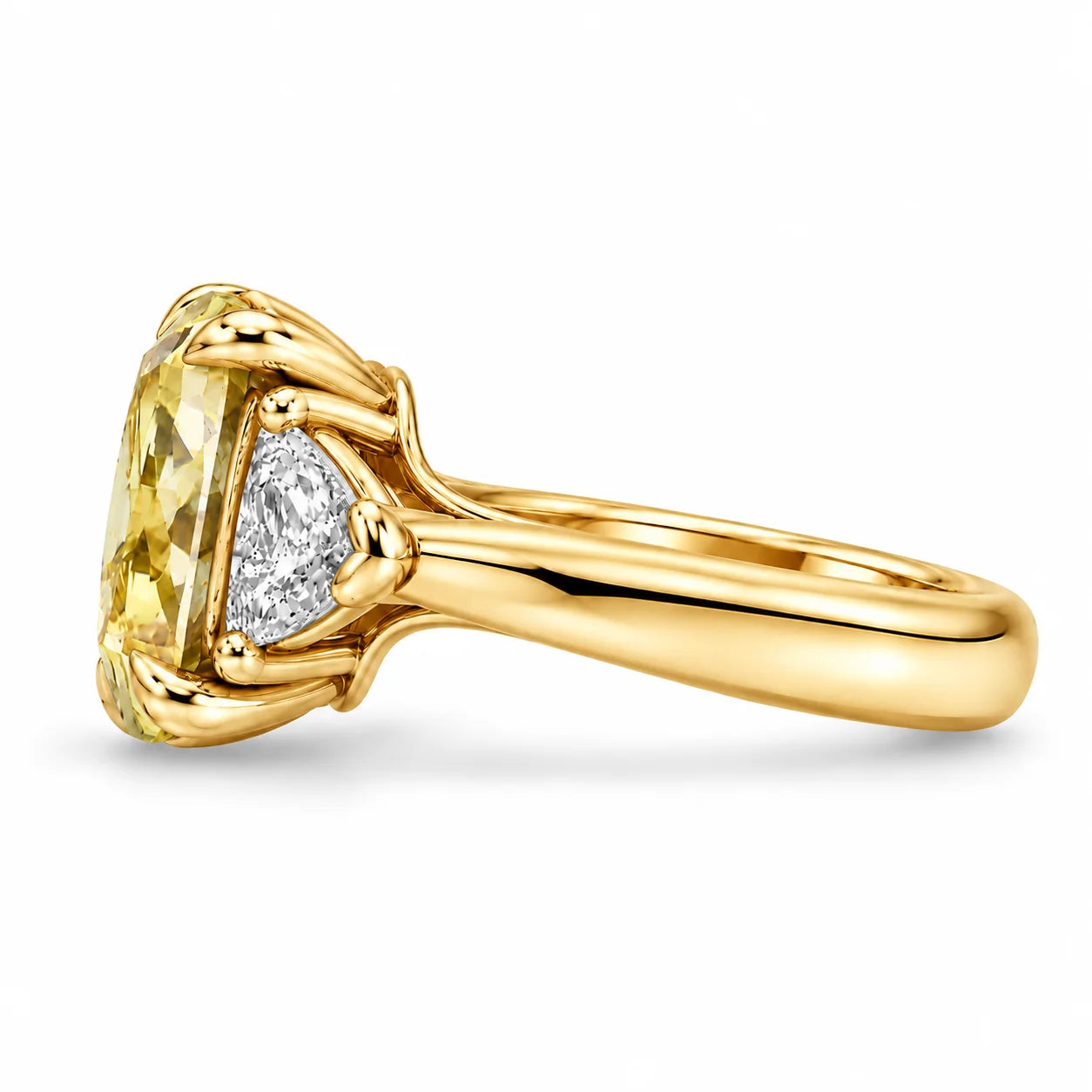 Side View Of 1.82 Carat Fancy Yellow Cushion Cut Three Stone Diamond Ring
