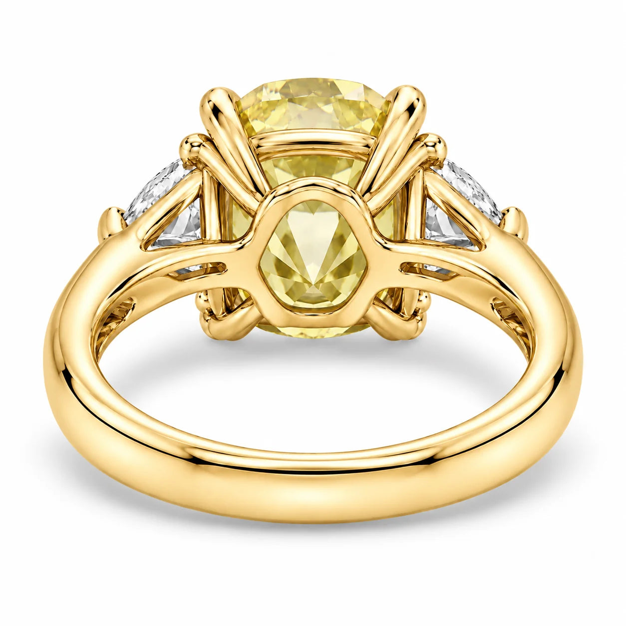 Back View Of 1.82 Carat Fancy Yellow Cushion Cut Three Stone Diamond Ring