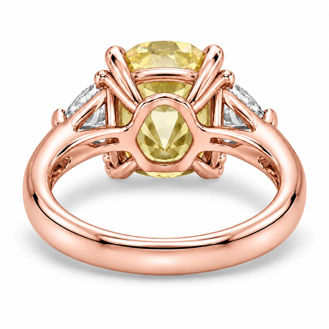 Back View Of 1.82 Carat Fancy Yellow Cushion Cut Three Stone Diamond Ring