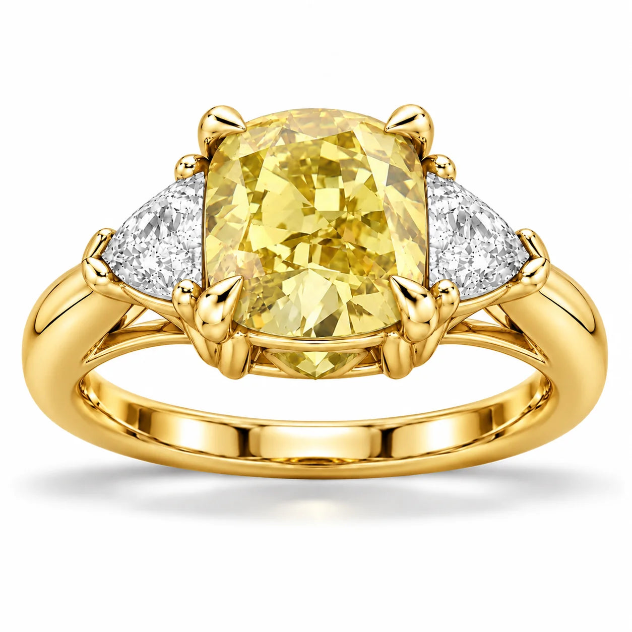 Front View Of 1.82 Carat Fancy Yellow Cushion Cut Three Stone Diamond Ring