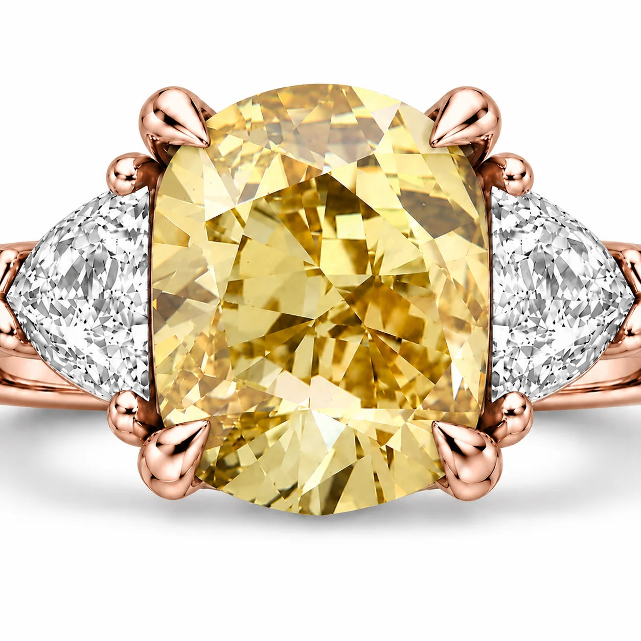 Close up View Of 1.82 Carat Fancy Yellow Cushion Cut Three Stone Diamond Ring