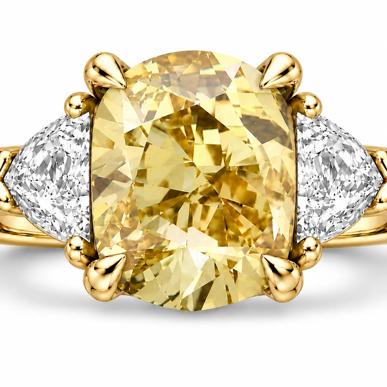Close Up View Of 1.82 Carat Fancy Yellow Cushion Cut Three Stone Diamond Ring