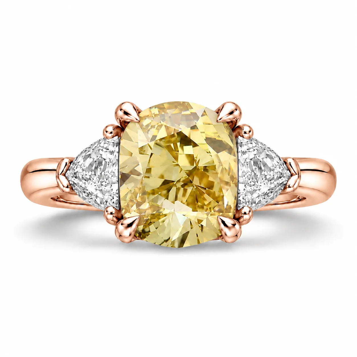 Front View Of 1.82 Carat Fancy Yellow Cushion Cut Three Stone Diamond Ring
