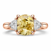 Front View Of 1.82 Carat Fancy Yellow Cushion Cut Three Stone Diamond Ring