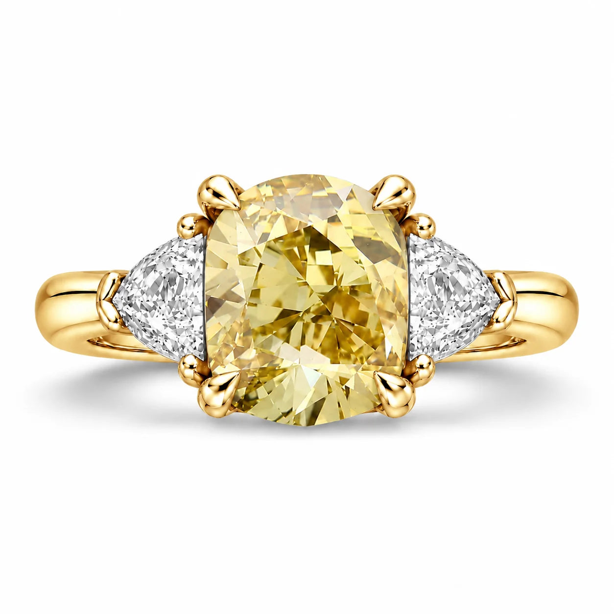 Front View Of 1.82 Carat Fancy Yellow Cushion Cut Three Stone Diamond Ring