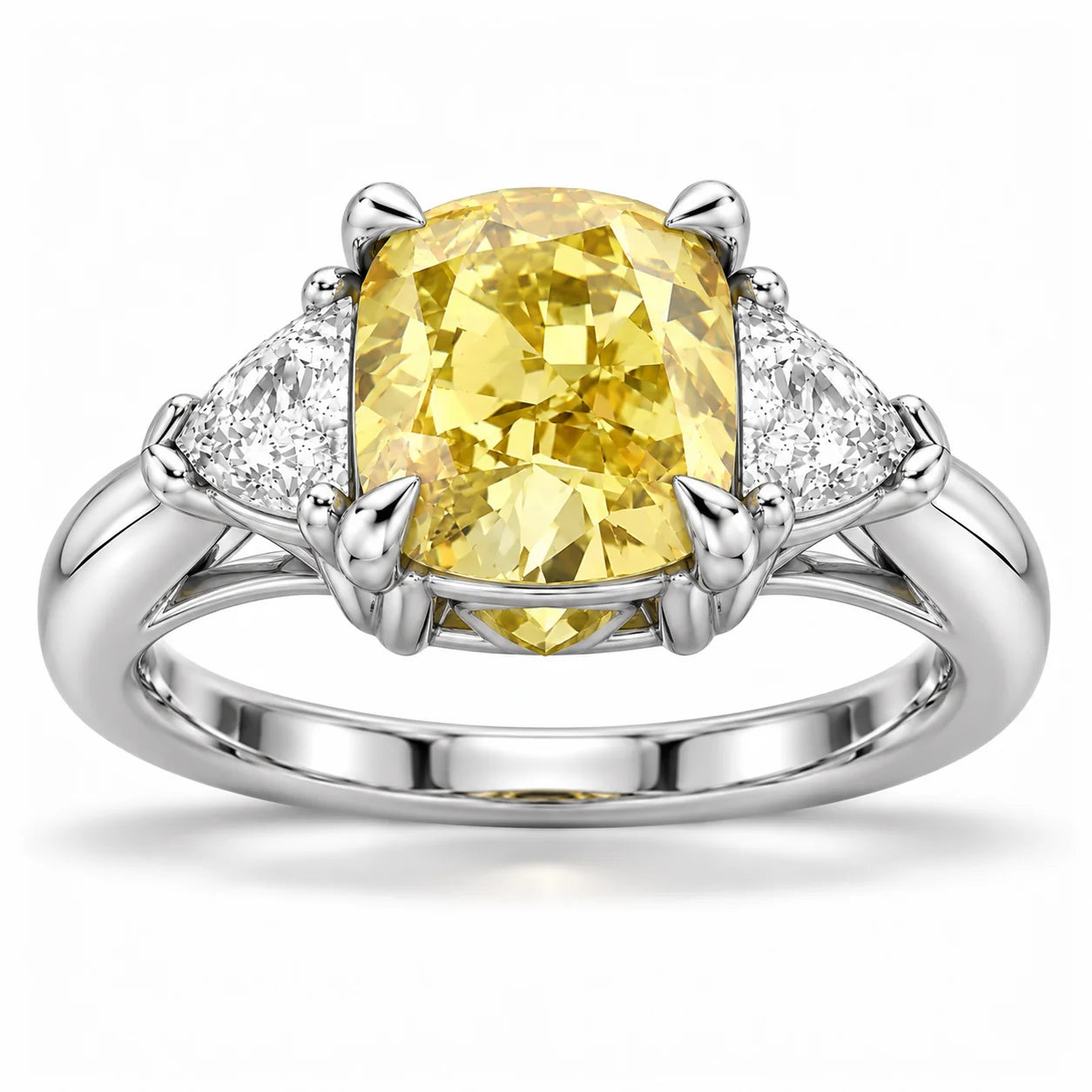 Front View Of 1.82 Carat Fancy Yellow Cushion Cut Three Stone Diamond Ring