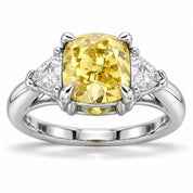 Front View Of 1.82 Carat Fancy Yellow Cushion Cut Three Stone Diamond Ring