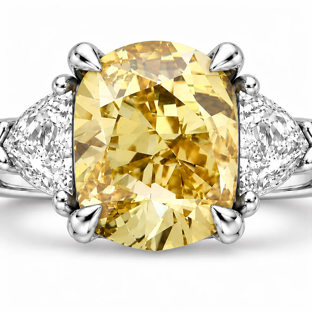 Close up View Of 1.82 Carat Fancy Yellow Cushion Cut Three Stone Diamond Ring