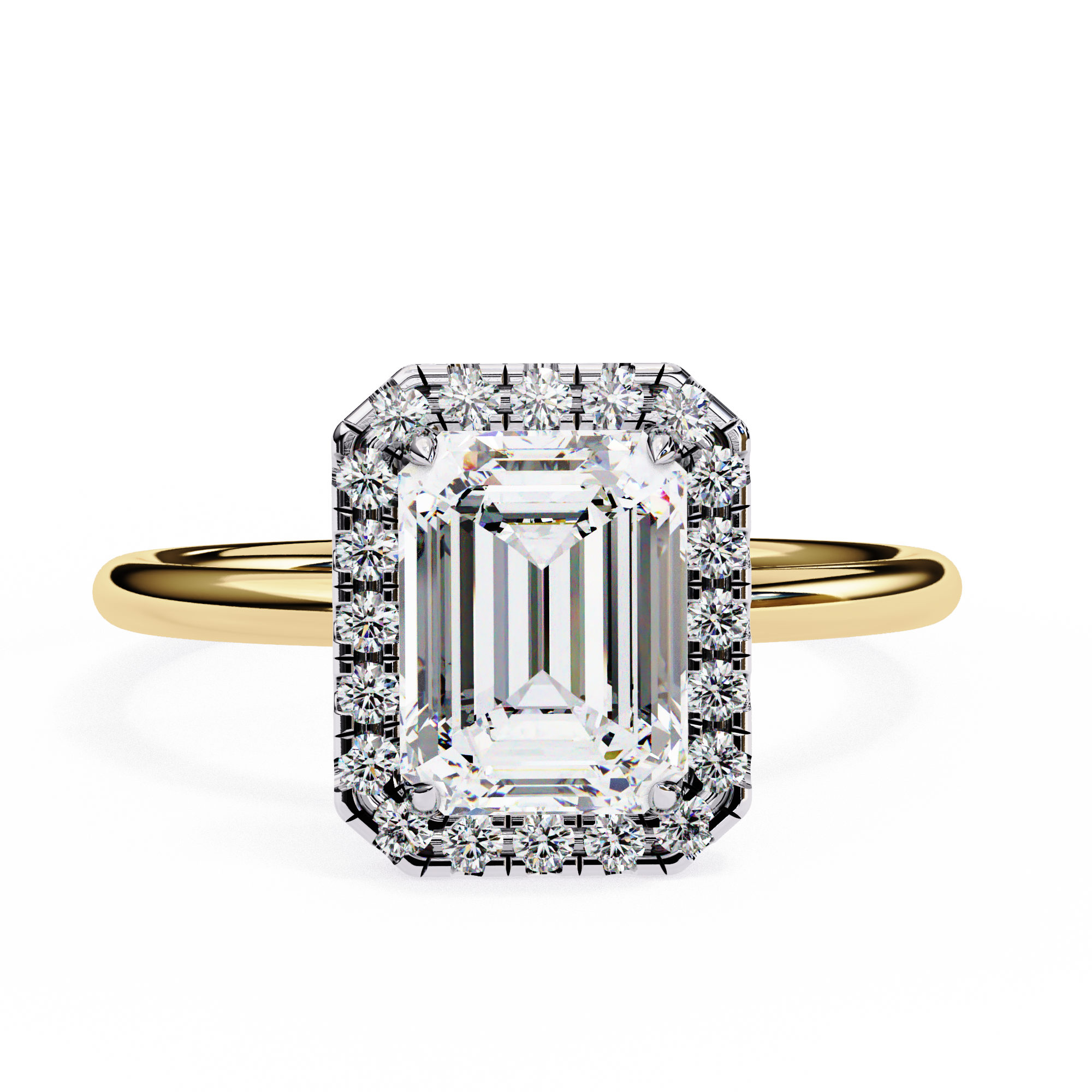 Emerald Diamond Ring With Dual Tone Halo Setting 18K Yellow Gold