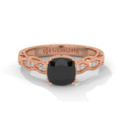 1.91 Ct Cushion Cut Black Diamond Engagement Ring with Side Diamonds 18K Rose Gold