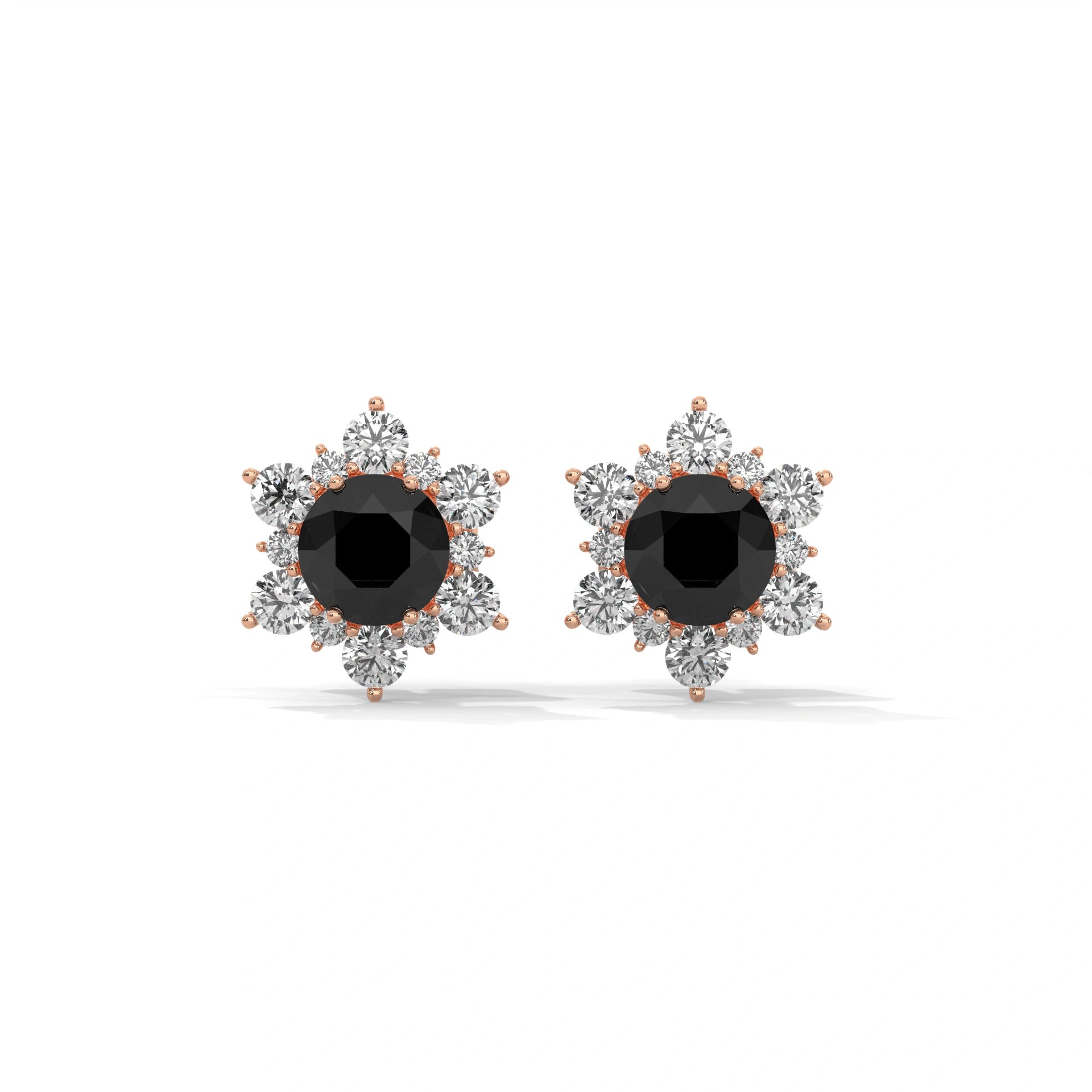 1 Carat Black Diamond Floral Halo Stud Earrings Screw Back 18K Rose Gold