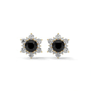1 Carat Black Diamond Floral Halo Stud Earrings Screw Back 18K Yellow Gold