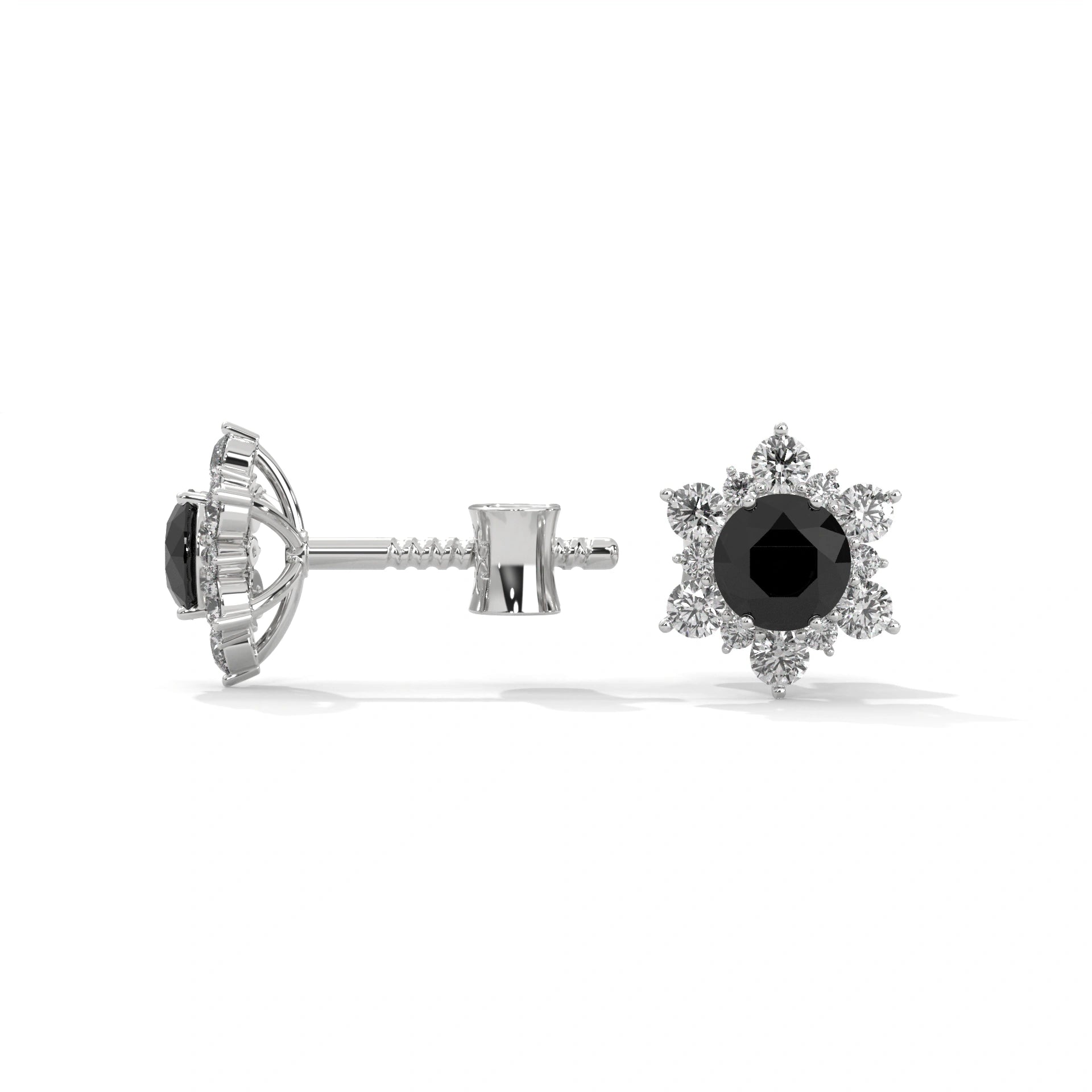 1 Carat Black Diamond Floral Halo Stud Earrings Screw Back