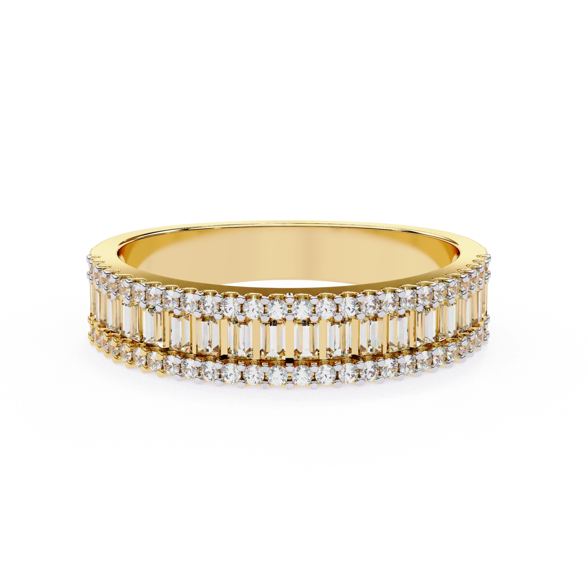 Front view of 1.00ct baguette lab diamond wedding band in yellow gold with channel setting.