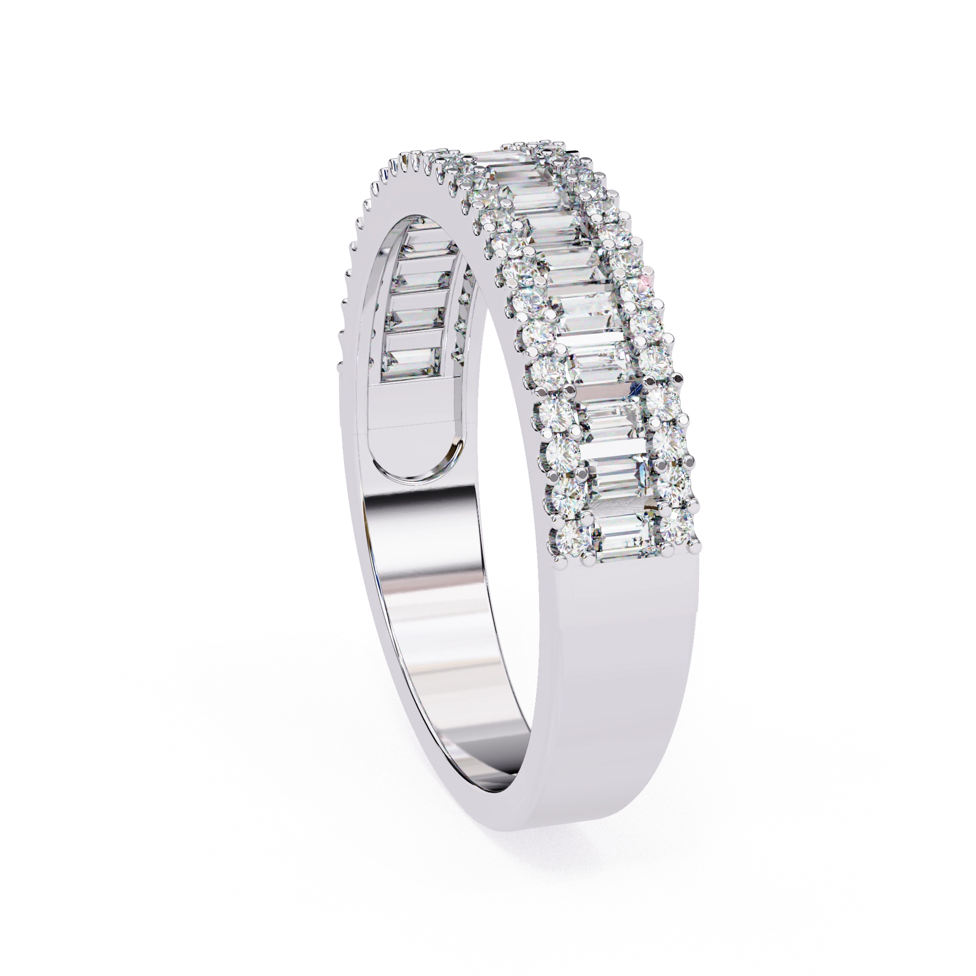 Top view of 1.00ct baguette lab grown diamond wedding band in white gold showing two row stone arrangement.